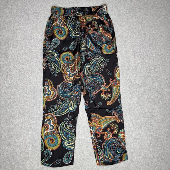J Crew Pull On Silk Pants Womens 0 Black Paisley Ankle Casual Trousers - Picture 1 of 9